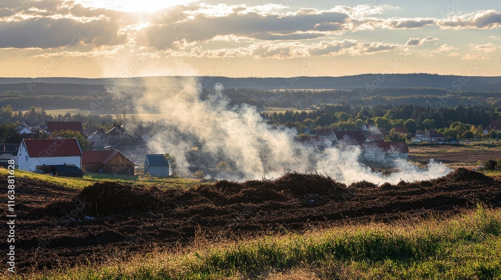 Fototapeta premium Smoke Rising Above Rural Homes Under Bright Sunlight