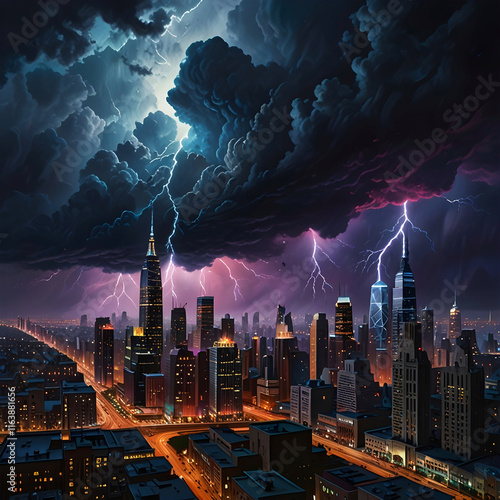 In a swirling cacophony of neon lightning and ominous shadows, a schlocky electrifying cloud city looms in an oil painting