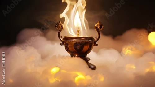 Ornate Golden Incense Burner with Flickering Flame and Wisps of Smoke, Mystical and Atmospheric Scene for Spiritual and Historical Projects, Intricate Details and Warm Glow.