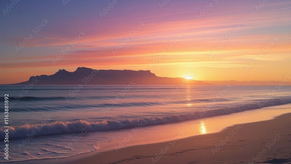 A tranquil sunset scene with a distant mountain range, its rugged silhouette softly illuminated by the warm, golden light of the setting sun, casting a gentle glow across the serene atmosphere, as gen A tranquil sunset scene with a distant mountain range, its rugged silhouette softly illuminated by the warm, golden light of the setting sun, casting a gentle glow across the serene atmosphere, as gen