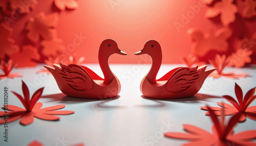 Wallpaper Mural Red papercut swans facing each other in festive decor Torontodigital.ca