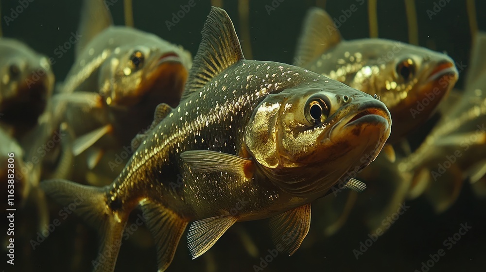 Naklejka premium Close-up of a school of dark-colored fish swimming in dark water.