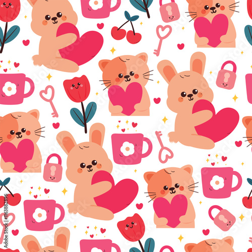 Wallpaper Mural seamless pattern cute cartoon cat and bunny holding pink heart. cute animal pattern for valentine wallpaper, background Torontodigital.ca