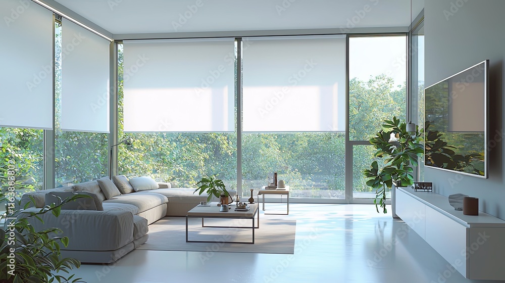 Spacious living room with white roller blinds on floor-to-ceiling windows, natural light illuminating the minimalist decor