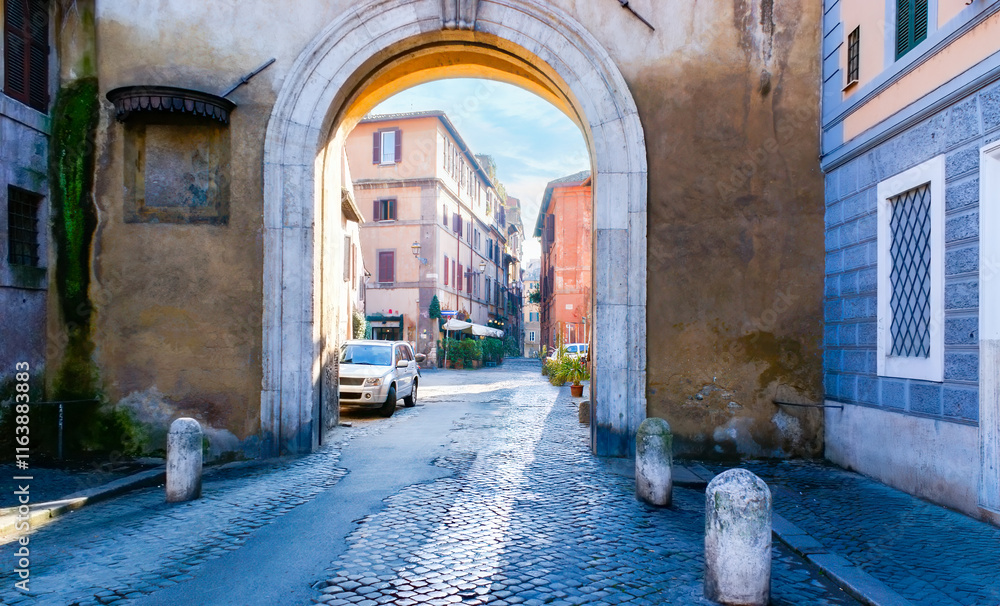 Porta Settimiana Gate in historic Trastevere neighborhood, Rome, Italy