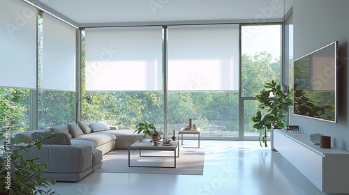 Spacious living room with white roller blinds on floor-to-ceiling windows, natural light illuminating the minimalist decor photo