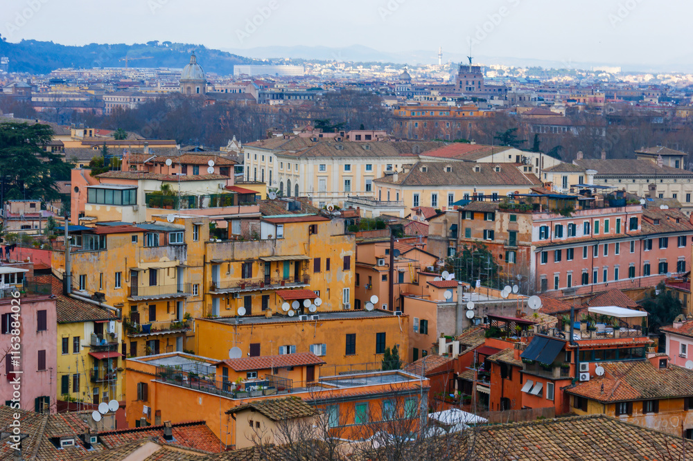 The old residential houses of Rome from the top of Janiculum Hill, Italy