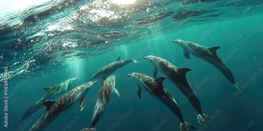 Fototapeta premium A group of common dolphins swimming together, leaping from the water in unison.
