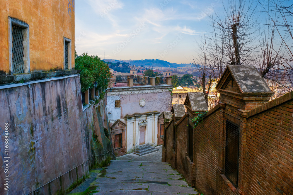 The staircased descent from Janiculum Hill, leading into the residential neighborhoods of Rome, Italy.