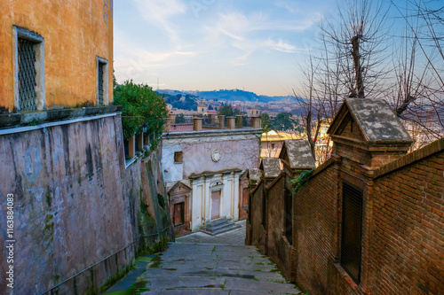 Obraz na płótnie The staircased descent from Janiculum Hill, leading into the residential neighborhoods of Rome, Italy. w salonie