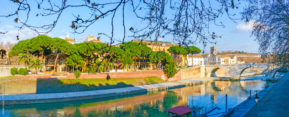 Panorama of Tiber River with Ponte Cestio bridge, Rome, Italy