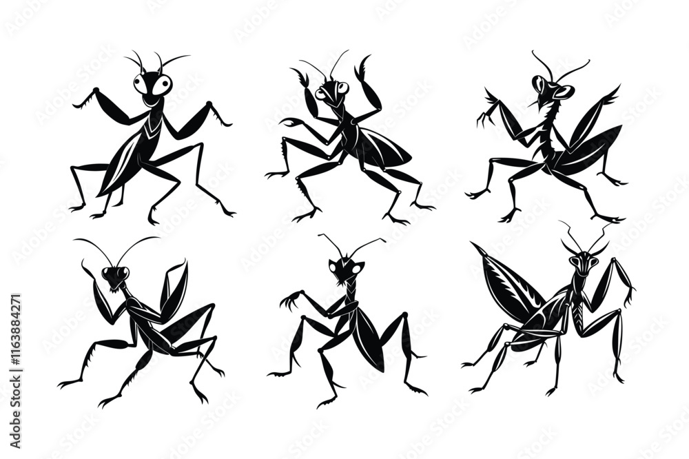 Praying Mantis (Mantodea) insect silhouette design, labeled linocut vector illustration. Praying Mantis (Mantodea) insect silhouette design, labeled linocut vector illustration.