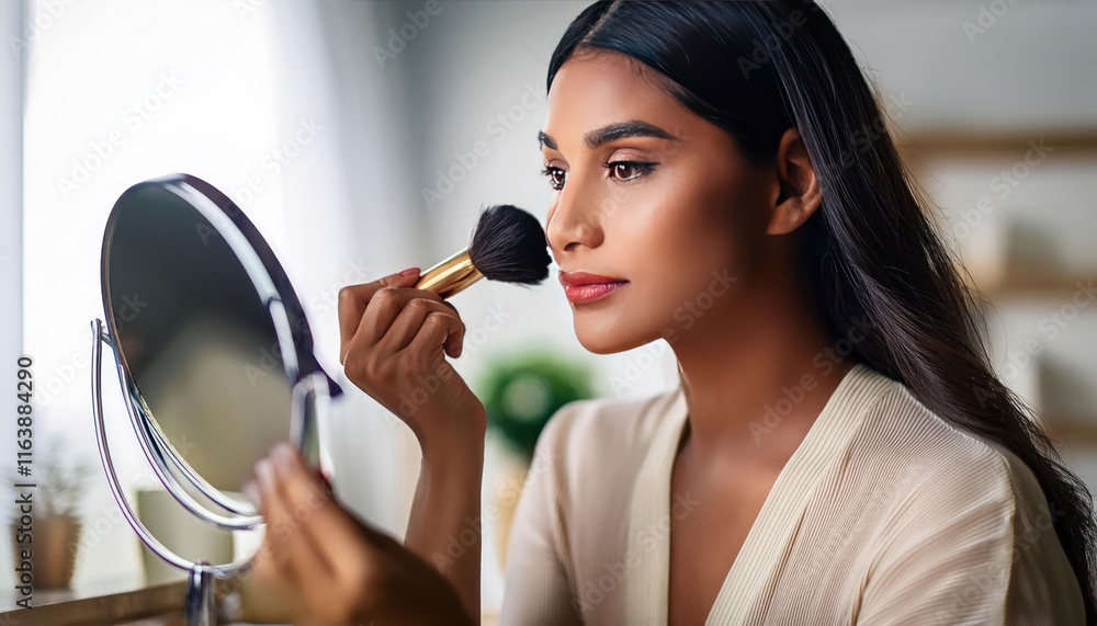 Beautiful Indian Woman Applying Makeup While Looking into Mirror Indoors Beautiful Indian Woman Applying Makeup While Looking into Mirror Indoors