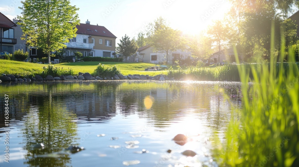 Fototapeta premium Tranquil Village Reflections in a Sunlit Pond