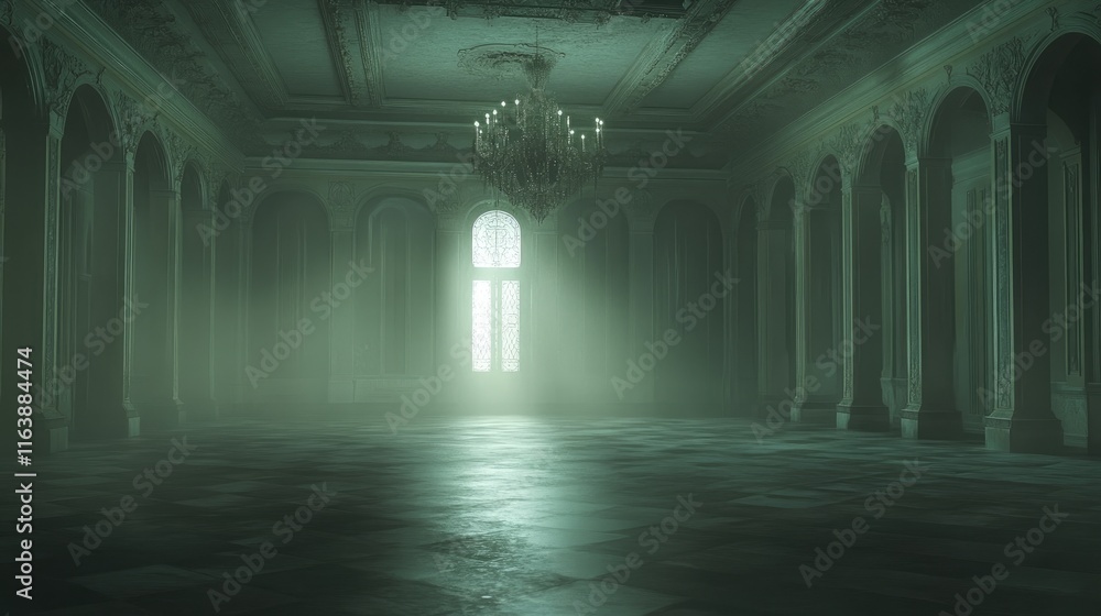 Fototapeta premium A dimly lit, spacious hall with a chandelier and large window, creating a mysterious atmosphere.