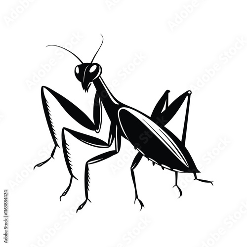 Praying Mantis (Mantodea) insect silhouette design, labeled linocut vector illustration.