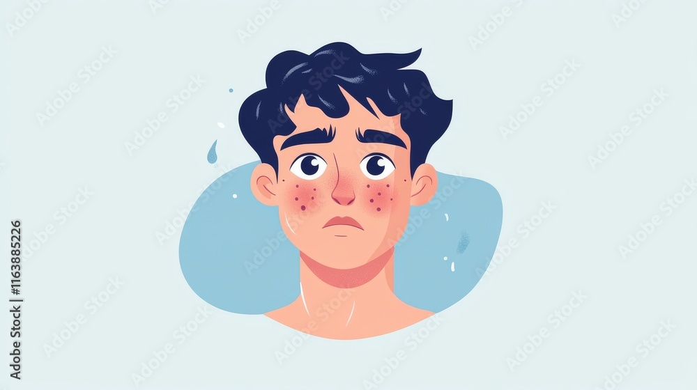Young man with pimple on face cheeks. Boy worrying about skin problem. Beauty, cosmetic, skincare, treatment, daily routine, self-care, hygiene concept. Flat character vector design illustration.