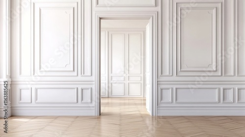 Wallpaper Mural Room interior with white classic wall panel and wooden floor. Light background with luxury elegant molding frames. Realistic 3d vector illustration of home or office design with moulding and parquet Torontodigital.ca
