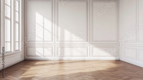 Fototapeta Naklejka Na Ścianę i Meble -  Room interior with white classic wall panel and wooden floor. Light background with luxury elegant molding frames. Realistic 3d vector illustration of home or office design with moulding and parquet