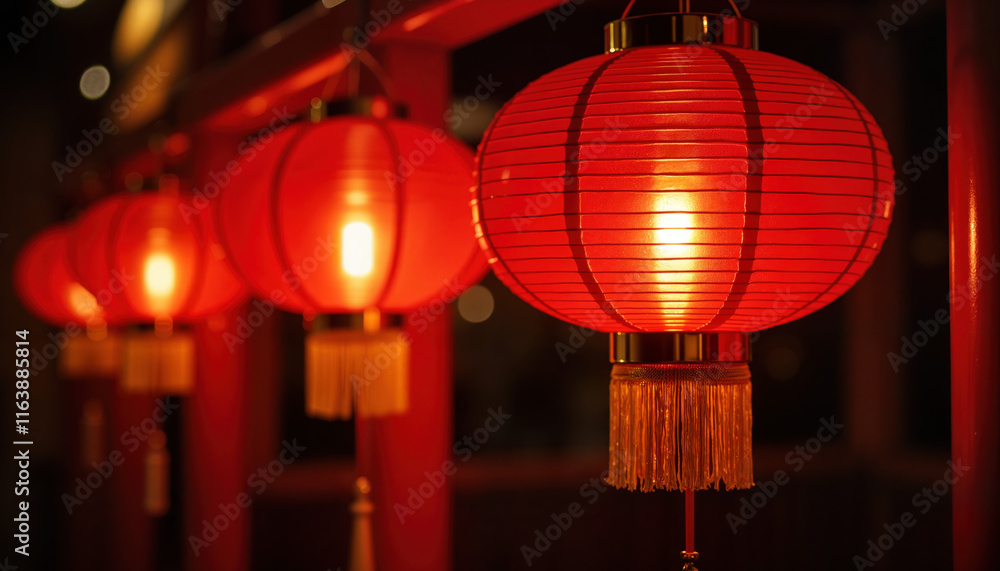 Illuminated red lanterns lining a cobblestone street at sunset