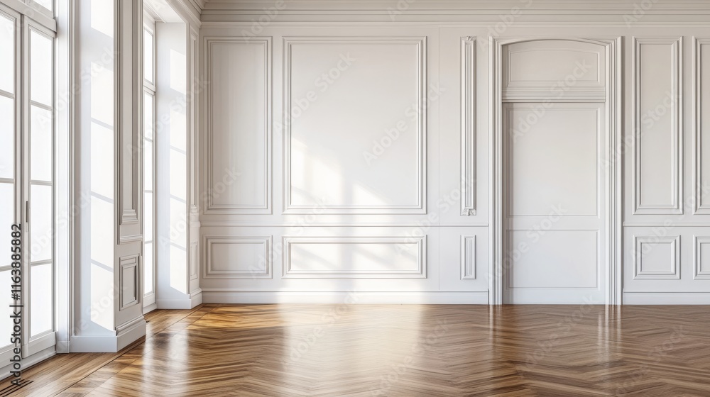 Obraz premium Room interior with white classic wall panel and wooden floor. Light background with luxury elegant molding frames. Realistic 3d vector illustration of home or office design with moulding and parquet
