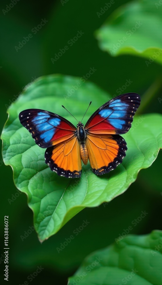 Naklejka premium A single brightly colored butterfly on a leaf with intricate veins , floral patterns, wings, nature