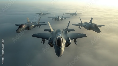 Fighter jets flying in formation above the clouds during a military exercise at dawn