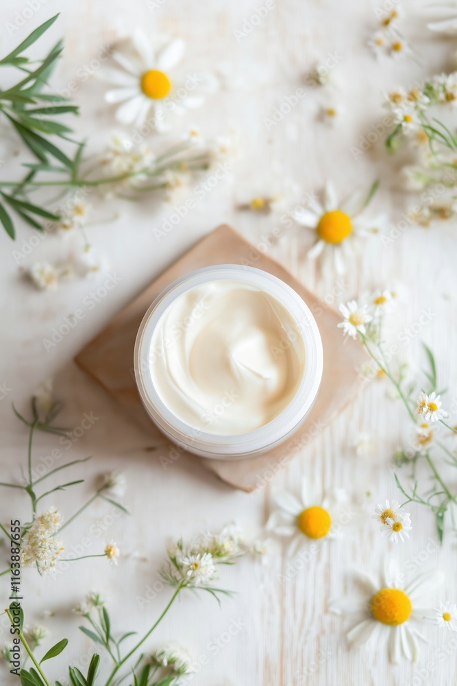Natural cream in jar with white daisies and green herbs on wooden background Natural cream in jar with white daisies and green herbs on wooden background