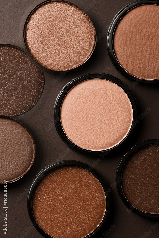 Various shades of bronzer makeup in circular compacts, top view. Cosmetic products in round containers on dark background Various shades of bronzer makeup in circular compacts, top view. Cosmetic products in round containers on dark background