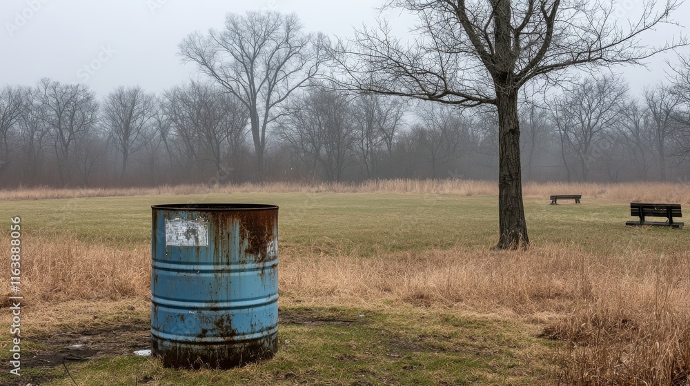 Waste Barrel in Misty Park Environment Waste Barrel in Misty Park Environment