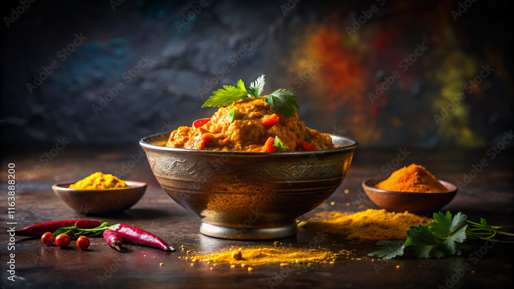 vibrant curry dish in decorative bowl, surrounded by spices and herbs, evokes warm and inviting atmosphere. colorful presentation highlights rich textures and flavors vibrant curry dish in decorative bowl, surrounded by spices and herbs, evokes warm and inviting atmosphere. colorful presentation highlights rich textures and flavors