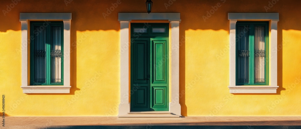 Obraz premium Sunny yellow building with green door and windows.
