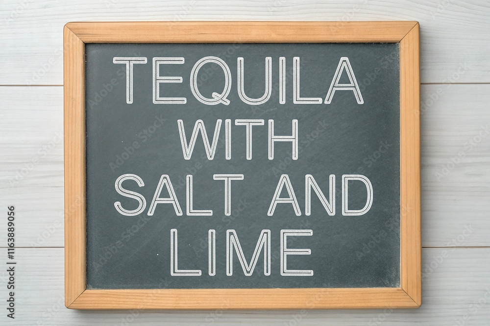 Fototapeta premium Tequila with salt and lime. On the chalkboard.