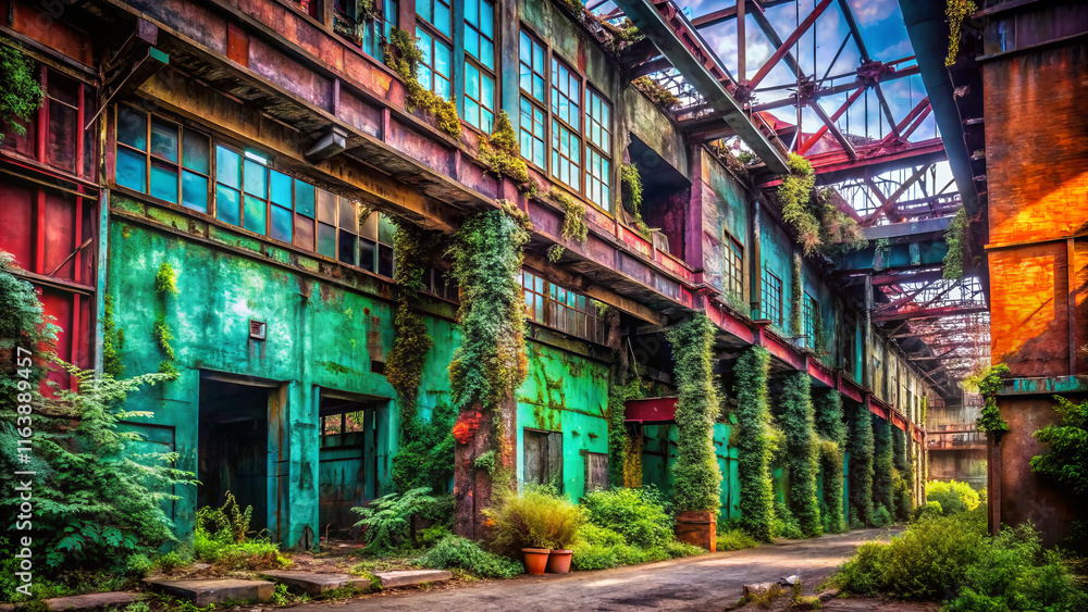 Naklejka premium Abandoned industrial building with vibrant colors and overgrown plants, showcasing urban exploration and nature reclamation. stunning blend of decay and beauty