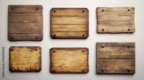 Fototapeta Naklejka Na Ścianę i Meble -  Wood texture sign board vector realistic banner set. Isolated rustic farm or saloon frame design. Empty signboard plaque template with nail, collection for menu or message. Brown oval signage