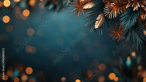 A blue background with gold and green leaves and a gold and green flower