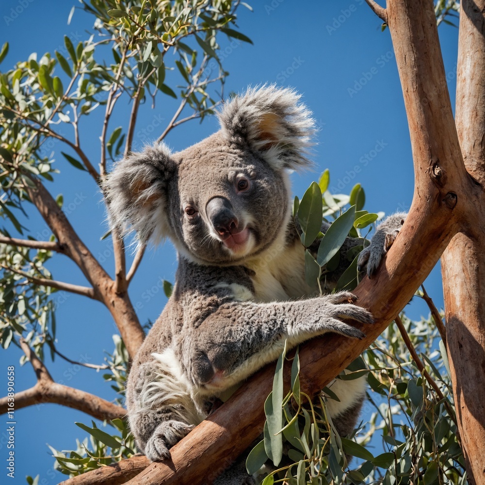 Fototapeta premium A koala relaxing in a eucalyptus tree under a bright blue sky.