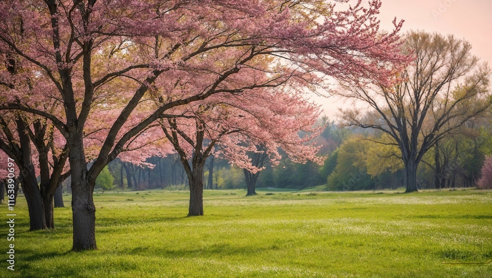 A vibrant spring landscape of blossoming trees and lush green foliage fills the park under a bright summer sky A vibrant spring landscape of blossoming trees and lush green foliage fills the park under a bright summer sky