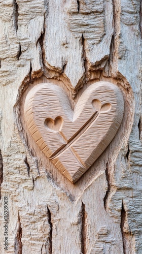 A beautifully detailed wooden heart, intricately carved into the surface of a sturdy tree trunk, showcasing the artistry of nature. Carving initials in treesk photo