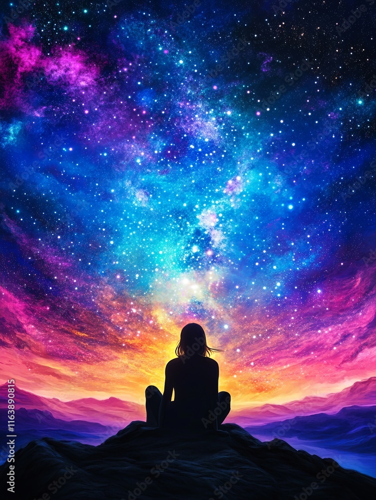 Silhouette Staring at Glowing Night Sky