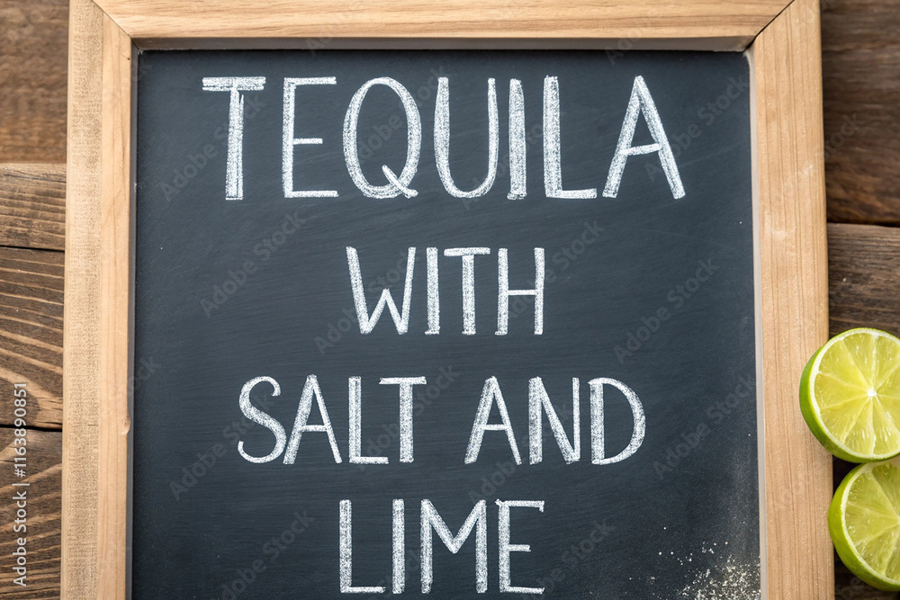 Obraz premium Tequila with salt and lime. On the chalkboard.