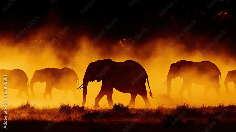Majestic elephants walk in silhouette during sunset amidst dust clouds in the African savanna