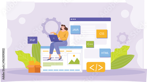 A sleek illustration showcasing the collaborative process of web development, featuring coding, design tools, and modern tech innovations.