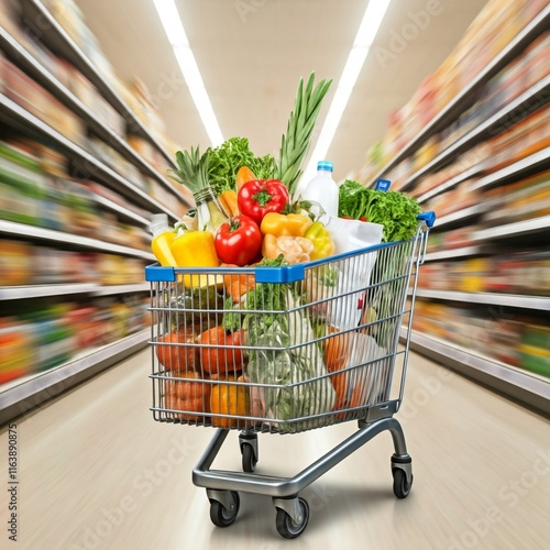 Gefüllter Einkaufswagen im Supermarkt photo