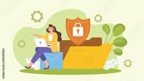 A professional illustration depicting cybersecurity measures with a laptop, file icons, and shield graphics, emphasizing safe digital practices.
