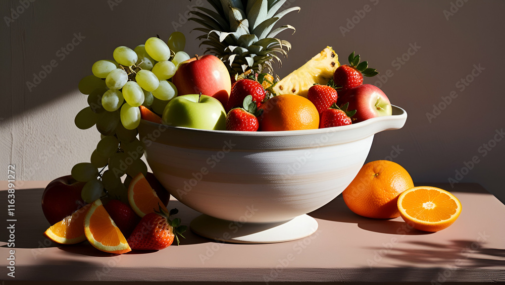 A healthy and vibrant fruit salad in a bowl, perfect for a light and refreshing treat. A healthy and vibrant fruit salad in a bowl, perfect for a light and refreshing treat.