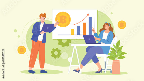 A detailed financial illustration showcasing the growth of digital currencies, featuring Bitcoin icons and analytical graphs for investment strategies.