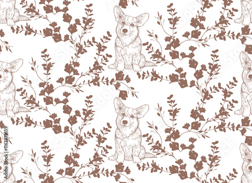 Seamless floral pattern with corgi dogs in mocha mousse color and intricate floral designs reminiscent of porcelain or fabric prints.