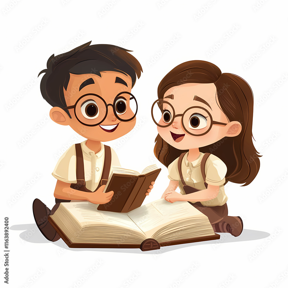 Children joyfully read together in a cozy setting with a large open book. Generative AI Children joyfully read together in a cozy setting with a large open book. Generative AI