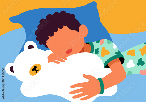 Boy sleeping with stuffed teddy bear on bed at home photo